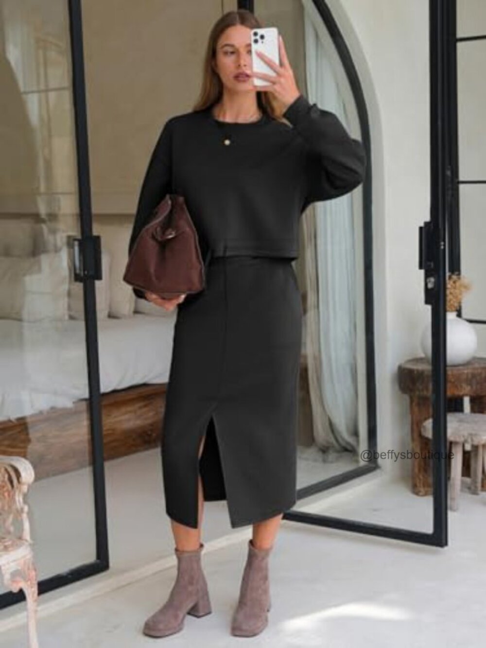 Long Sleeve Drawstring Top Midi Skirt Set Lounge Travel Outfit Medium - Picture 2 of 7